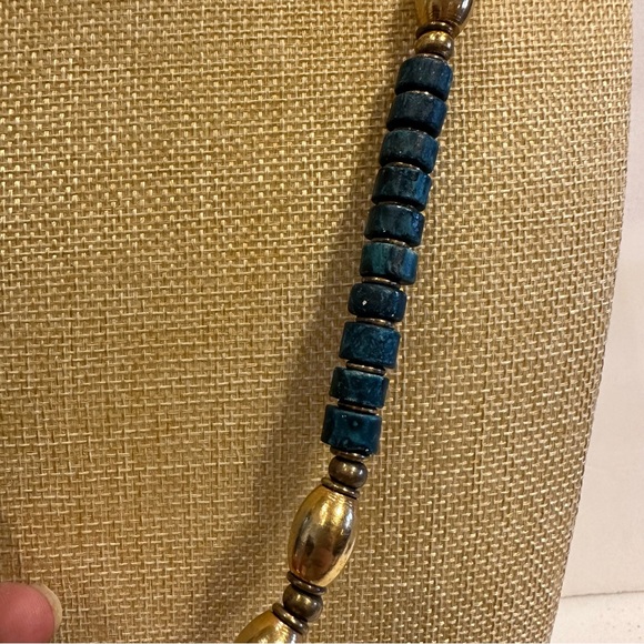 Gorgeous Blue- Green Gemstone Necklace w/ antique gold beads- Apatite tube beads - Picture 8 of 11